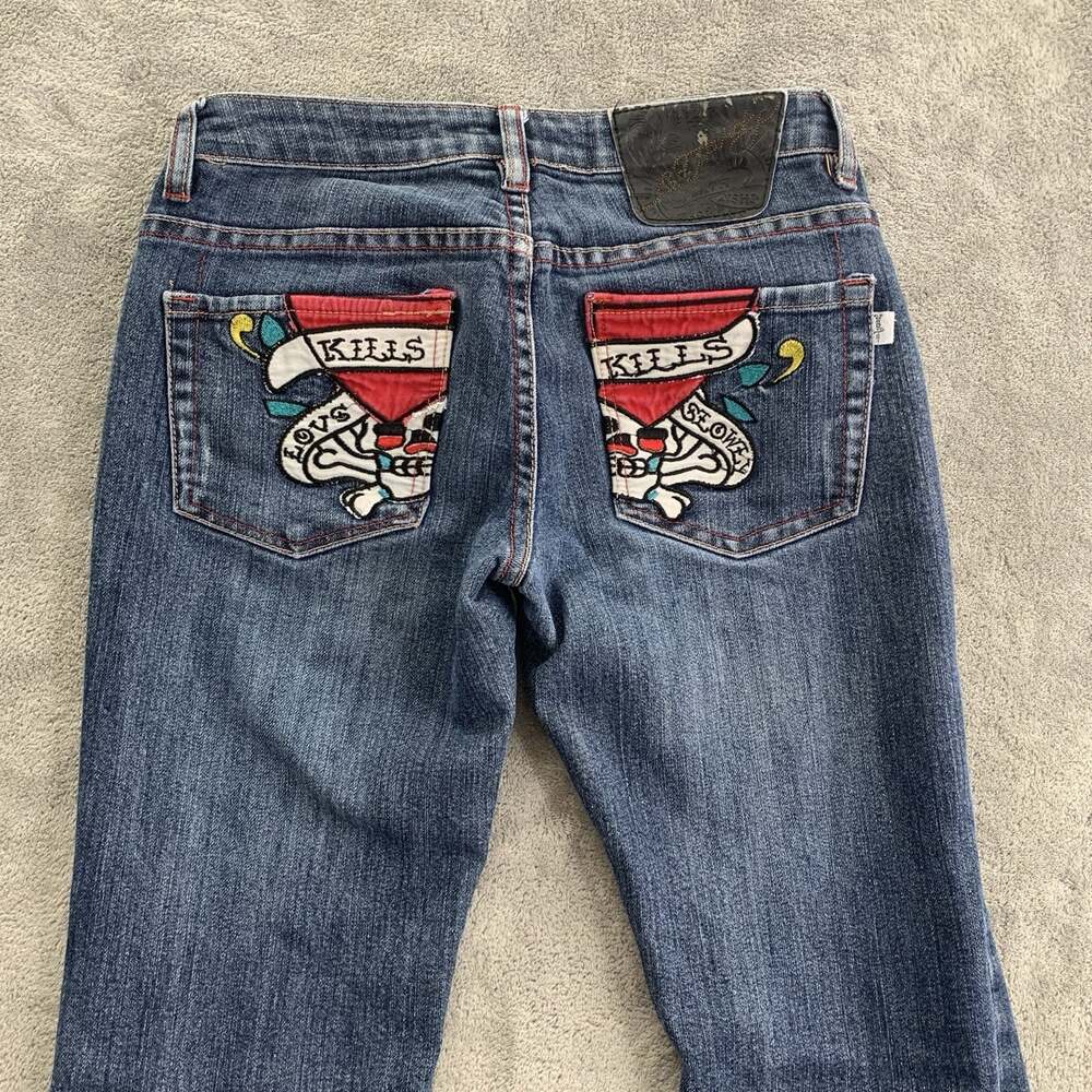 Vintage Ed Hardy Bootcut Jeans Womens 28x33”Love Kills Slowly Blue Denim Y2K